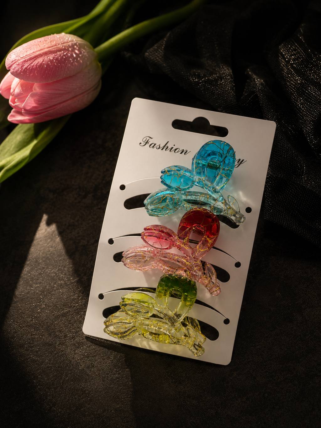 Crystal Bloom Tulip Hair Claw Clip – Translucent Gold Vein Design