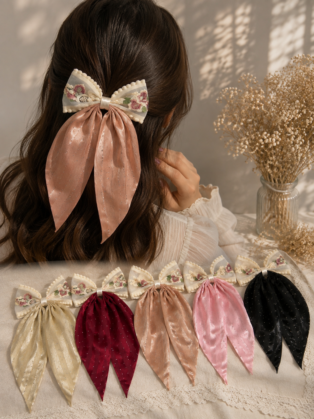 Vintage Bloom Long-Tail Bow Hair Clip