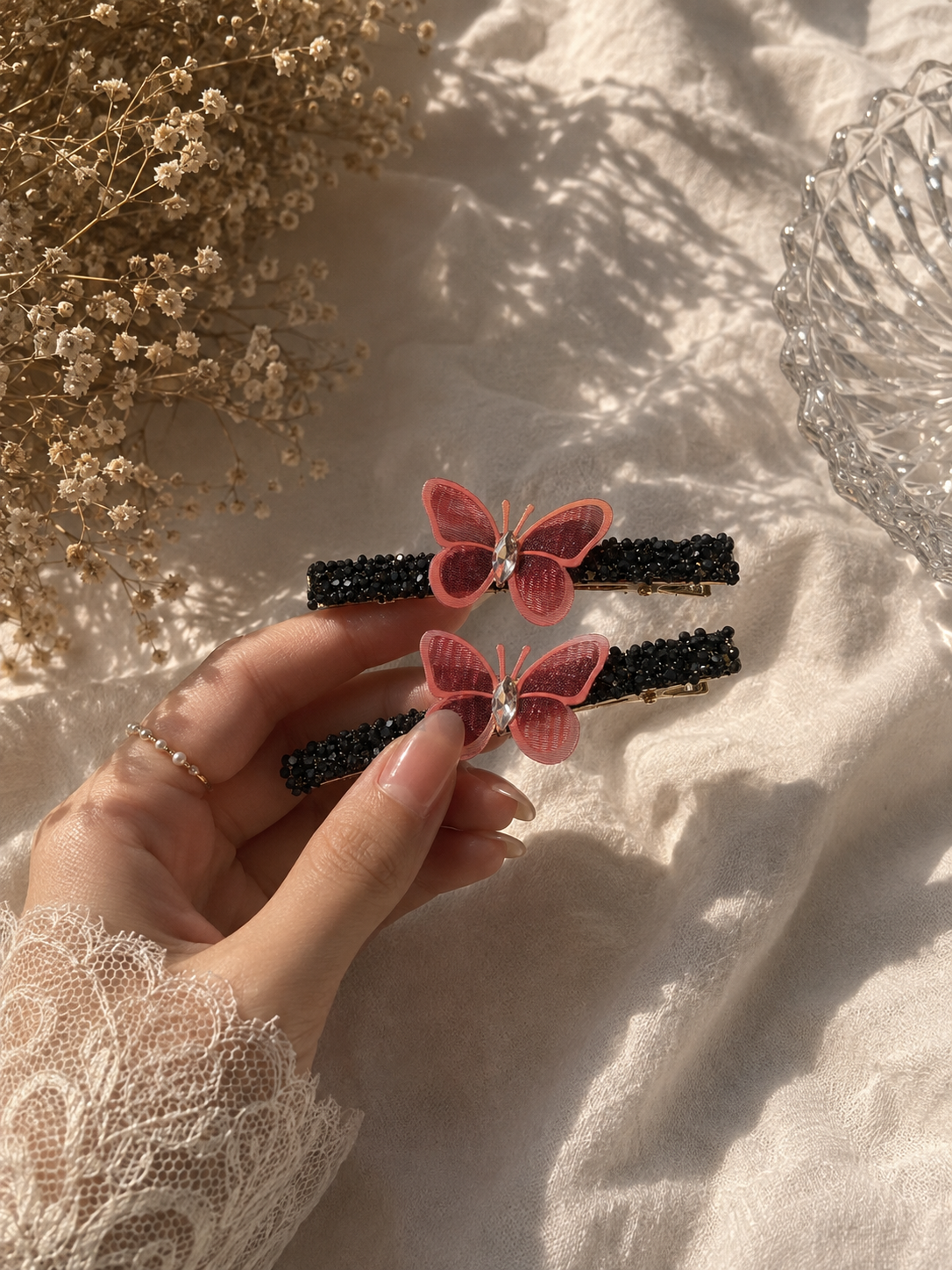 Metal Beaded Butterfly Hair Pins – Pair of 2