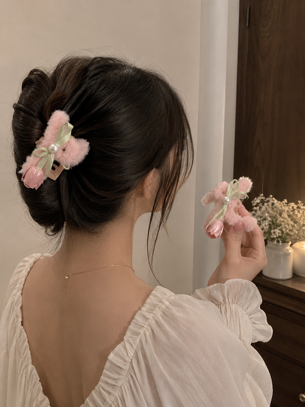 Fluffy Bunny Tulip Hair Claw Clip