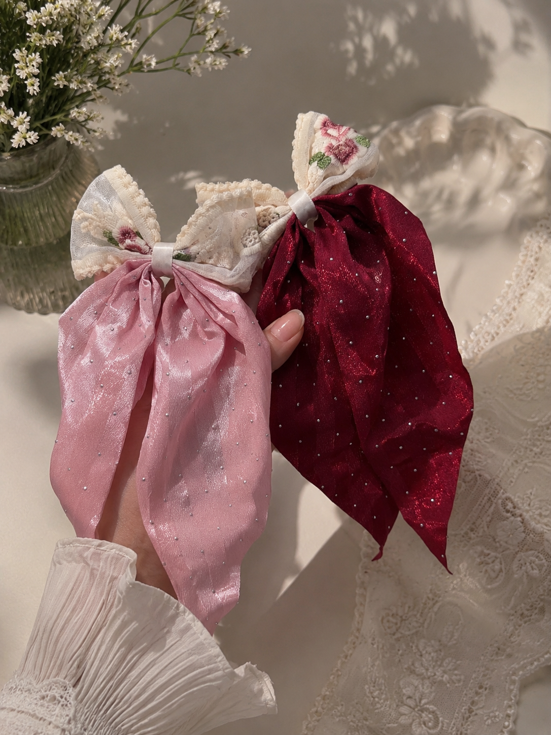 Vintage Bloom Long-Tail Bow Hair Clip