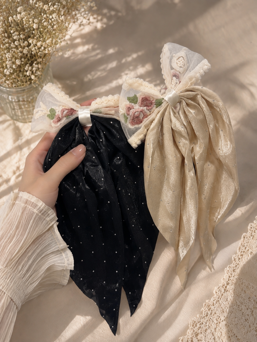 Vintage Bloom Long-Tail Bow Hair Clip