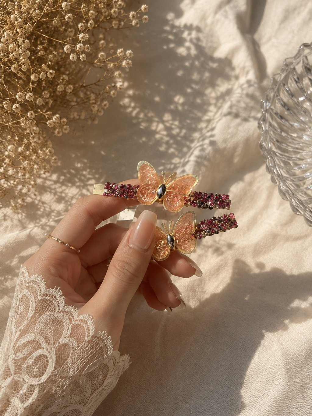 Metal Beaded Butterfly Hair Pins – Pair of 2
