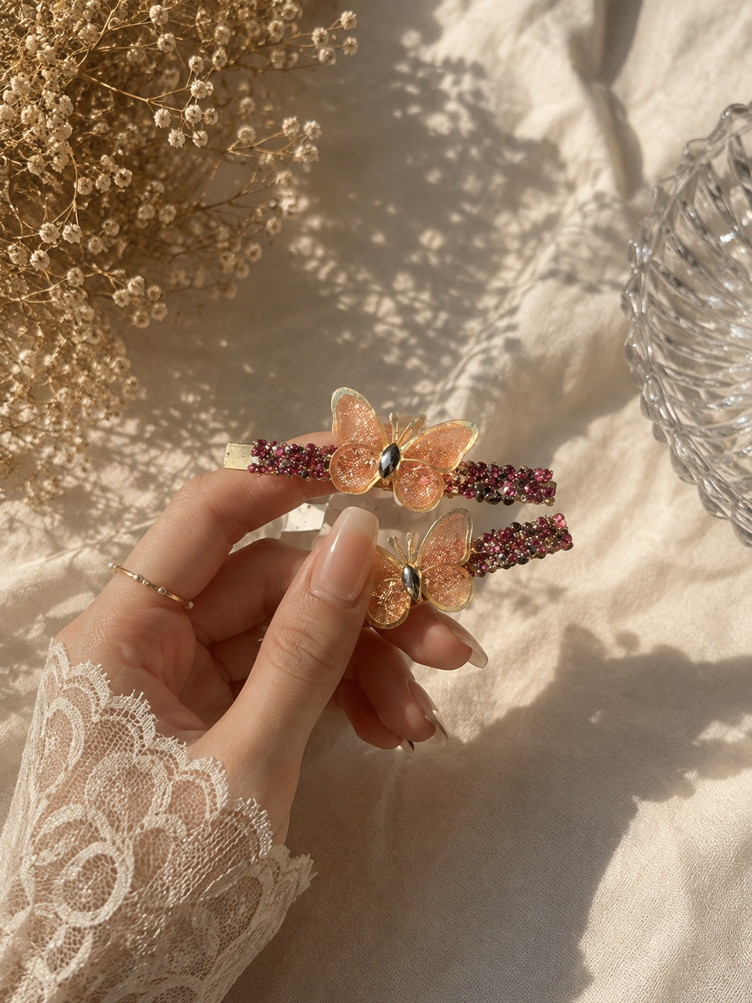 Metal Beaded Butterfly Hair Pins – Pair of 2