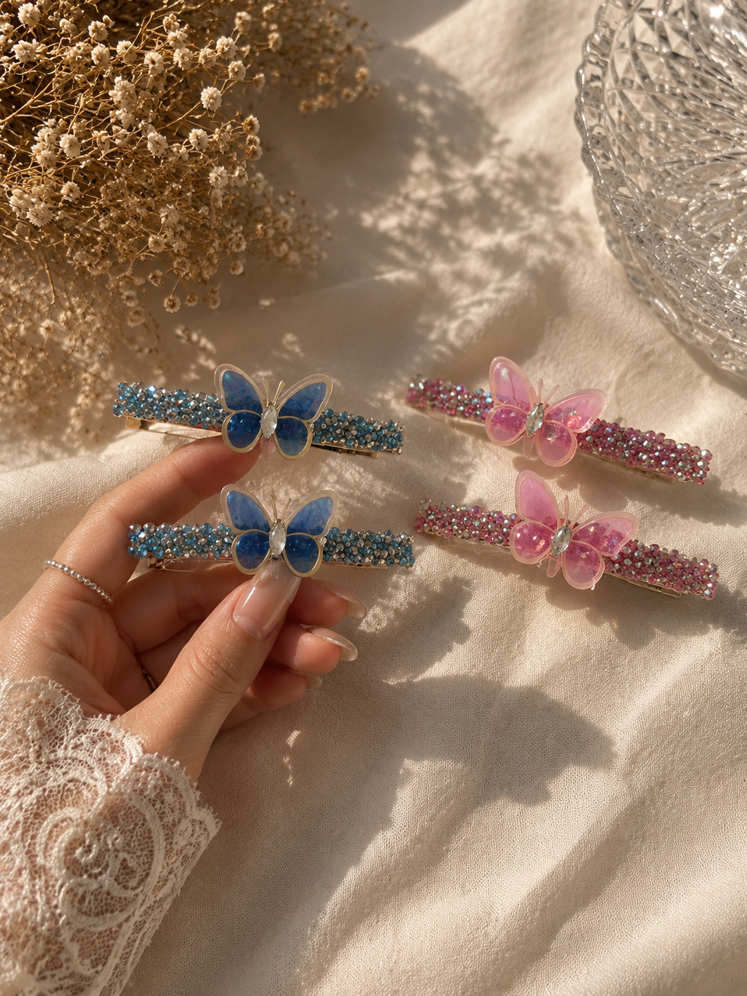 Metal Beaded Butterfly Hair Pins – Pair of 2