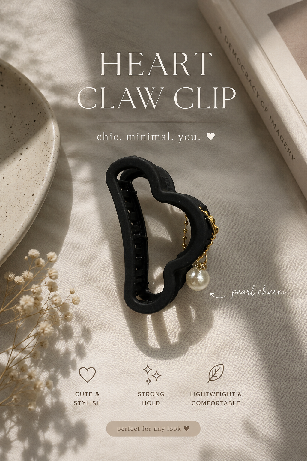 Elegant Heart Pearl Charm Claw Clip