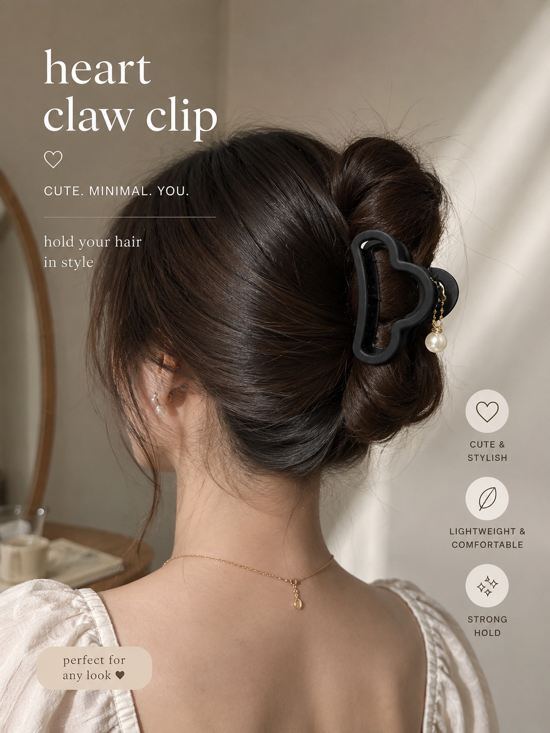 Elegant Heart Pearl Charm Claw Clip