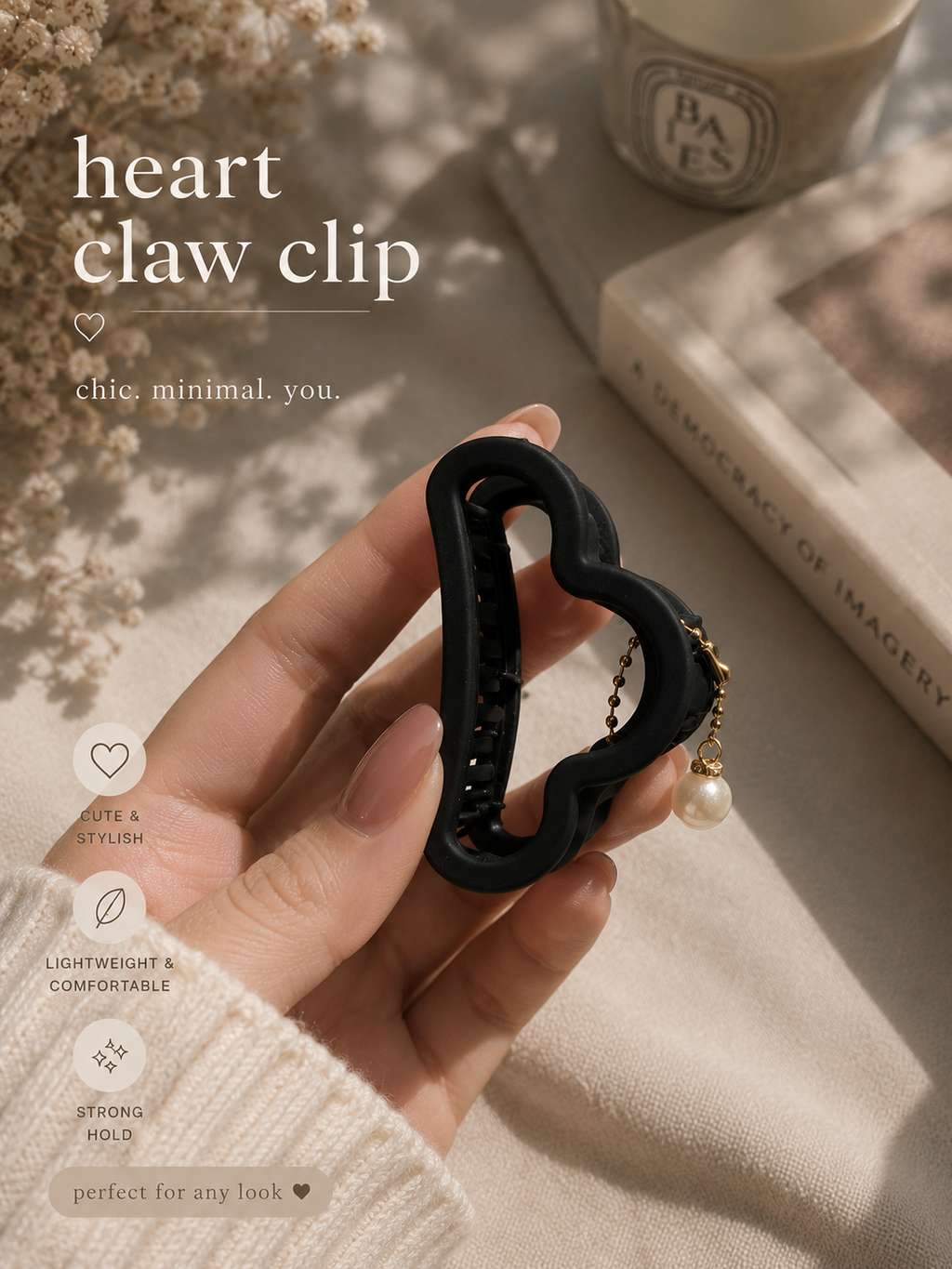 Elegant Heart Pearl Charm Claw Clip